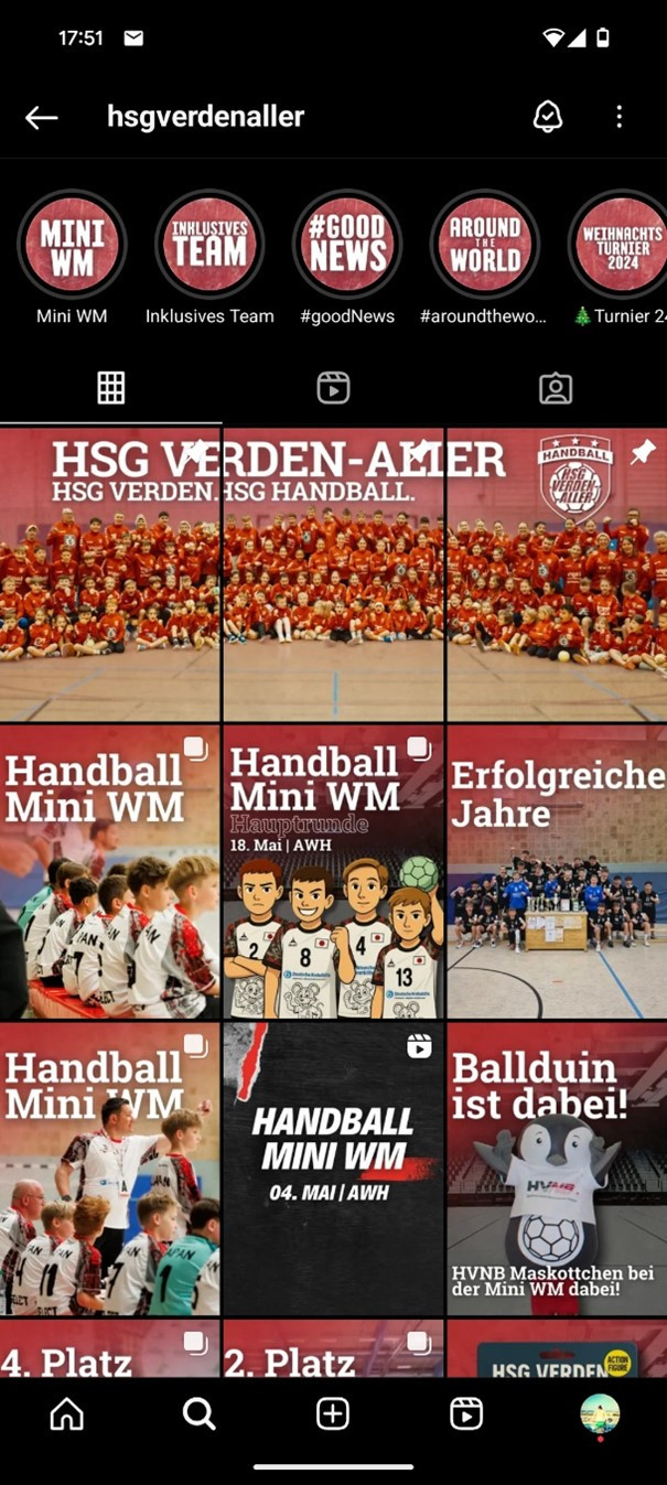 Instagram-Profil hsgverdenaller mit Beiträgen zur Handball Mini WM, Teamfotos und Ankündigungen von Turnieren und Erfolgen